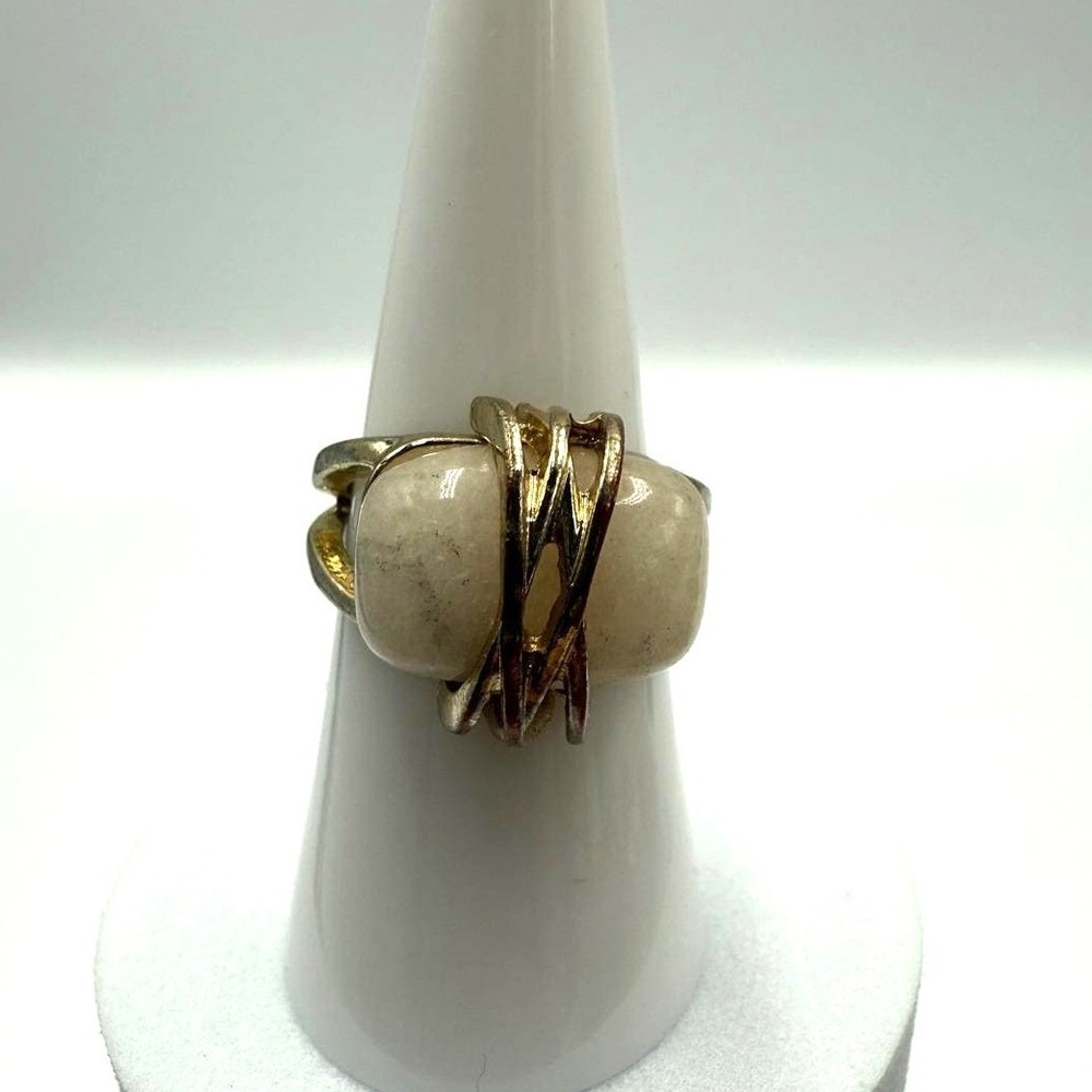 Vintage Gold Tone‎ Wire Wrapped White Stone Statement Ring Split Shank Size 7